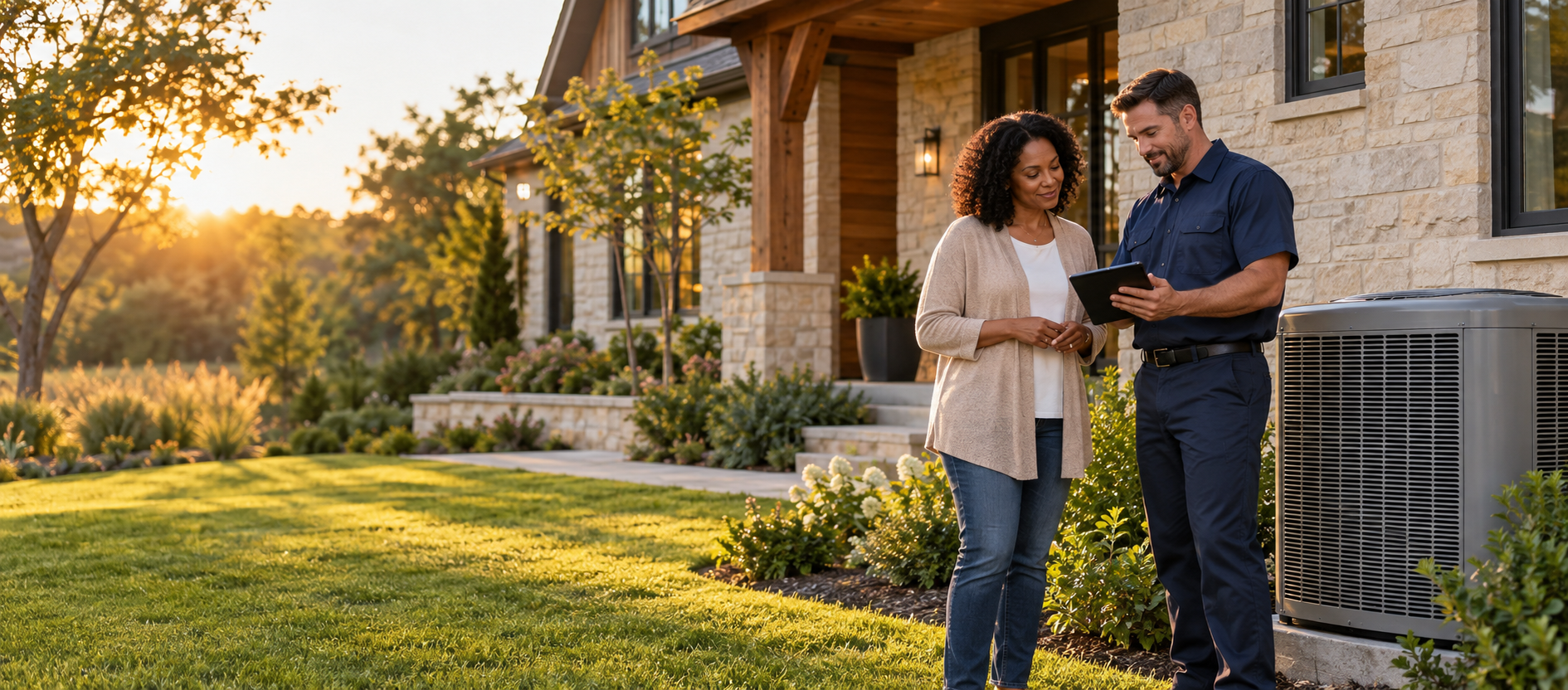 Illustrative scene of an HVAC technician and homeowner reviewing a tablet beside a home