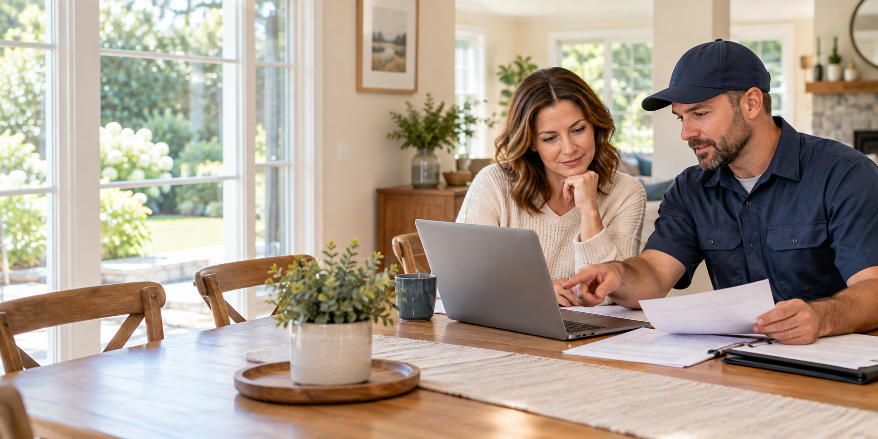 Illustrative homeowner and HVAC professional checking contractor records together